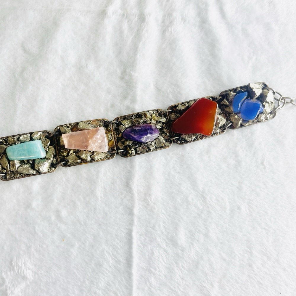 Vintage Agate‎ Gemstone Chain Bracelet Chunky 80s 90s Raw Mineral Boho